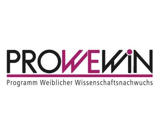 Logo des Programms Weiblicher Wissenschaftsnachwuchs. In großen Buchstaben: ProWeWin. Das "We" ist farblich abgehoben.