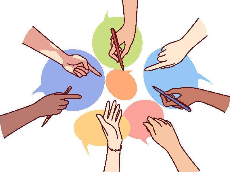 Mehrere illustrierte Hände gestikulieren und zeigen auf bunte Sprechblasen.