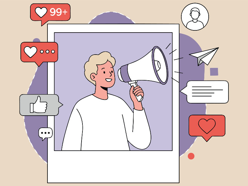 In einem weißen Quadrat hält eine Person ein Megafon in der Hand. Neben dem Quadrat sind Symbole wie Likes, Thumbs Up, Nachrichten und Profilbilder angeordnet.