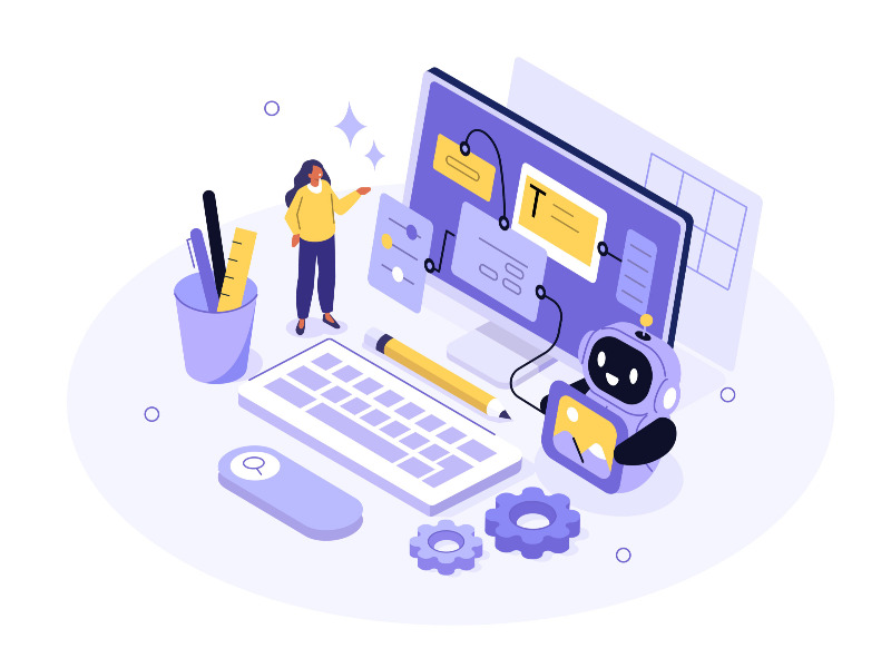 Eine Person steht neben einem großen Computer mit geöffneten Tabs auf dem Bilschirm, einer Tastatur und einem kleinen Roboter. Die Farben der Illustration sind lila, gelb und weiß.