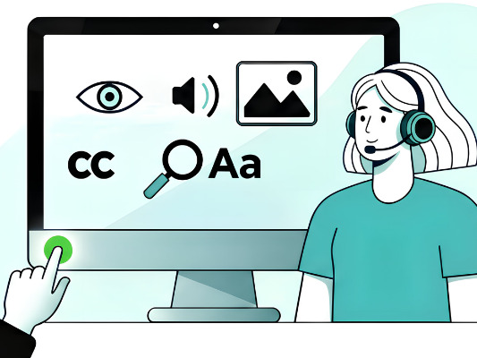 Auf einem Bildschirm sind Symbole für Sprache, Bilder und Lautstärke und daneben eine Person mit Headset.