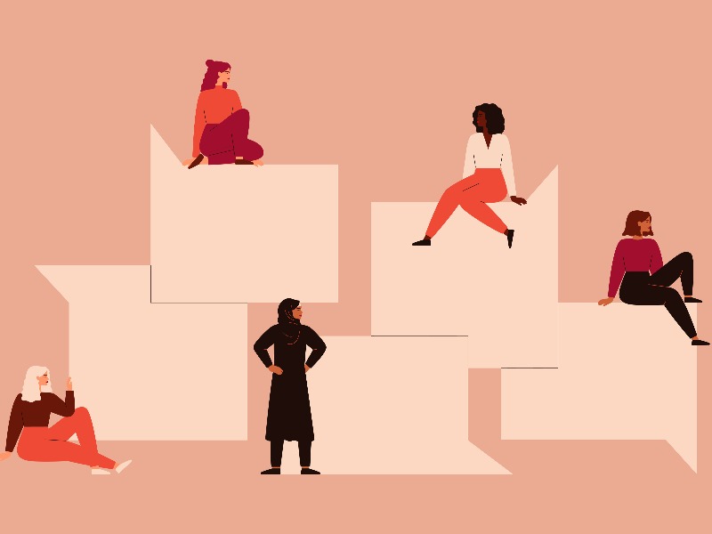 5 Personen stehen und sitzen neben Sprechblasen. Die Farben sind orange, rosa, rot.